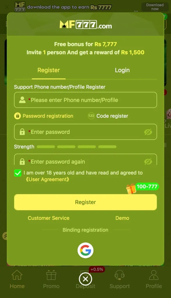 mf777 register pop up
